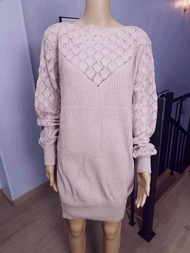 Women‘s Sexy Sweater Dress Ladies Slash Neck Knitted Jumpers Hollow Out Pullover Party Spring Mini Skirt Pink Clothes Streetwear - CRAVO ROSE