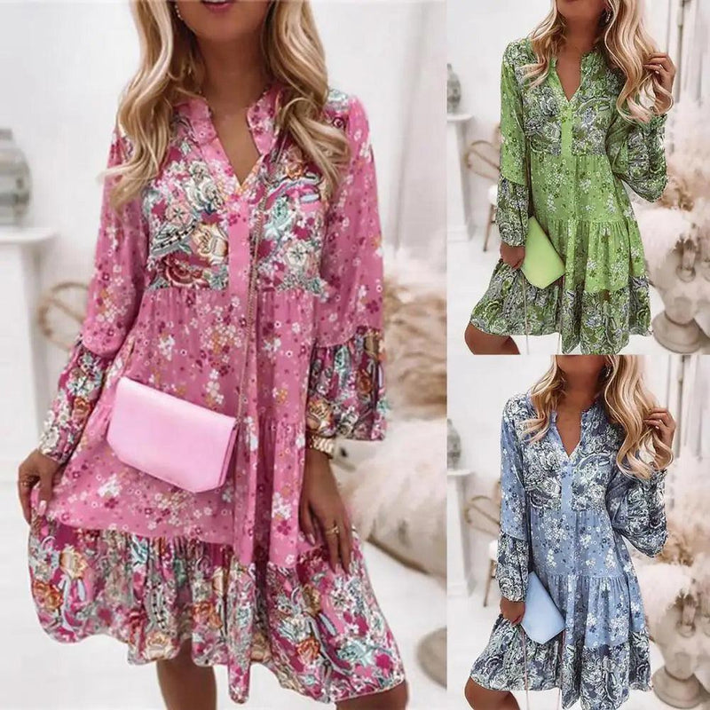 Women Dress Ruffles Floral Print Spring Summer Beach Party Dress Vintage A-Line Mini Dress Women Clothing For Banquet - CRAVO ROSE