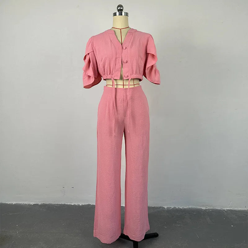 Sets for Women 2 Pieces 2025 Spring Fashion V-neck Flared Sleeve Lace Up Crop Top & Casual Pocket Design Wide Leg Pants Set