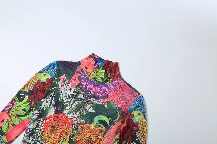 Kliou Colorful Flower Print Extended T-Shirts Woman o-Neck Full Sleeve High Waist Splits Hem Spring Trend Elegant Streetwear