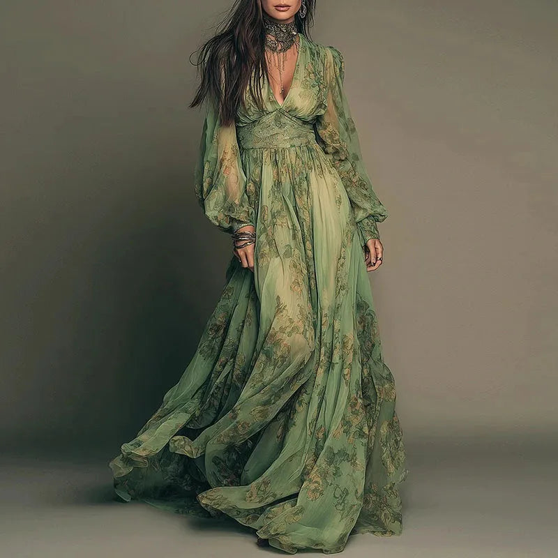 Elegant Green Floral Print Chiffon Maxi Dress Spring Sexy Deep V Neck High Waist Long Dress New Summer Bohemian Beach Maxi Dress