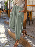 Calças femininas de praia, primavera verão, vintage, boho, algodão, linho, cintura alta, lisas, soltas, bolsos, calças casuais