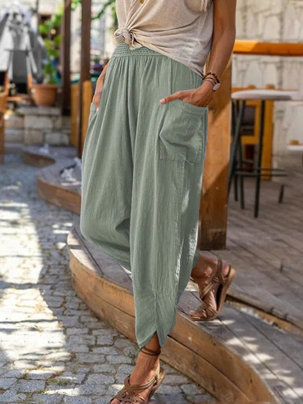 Calças femininas de praia, primavera verão, vintage, boho, algodão, linho, cintura alta, lisas, soltas, bolsos, calças casuais