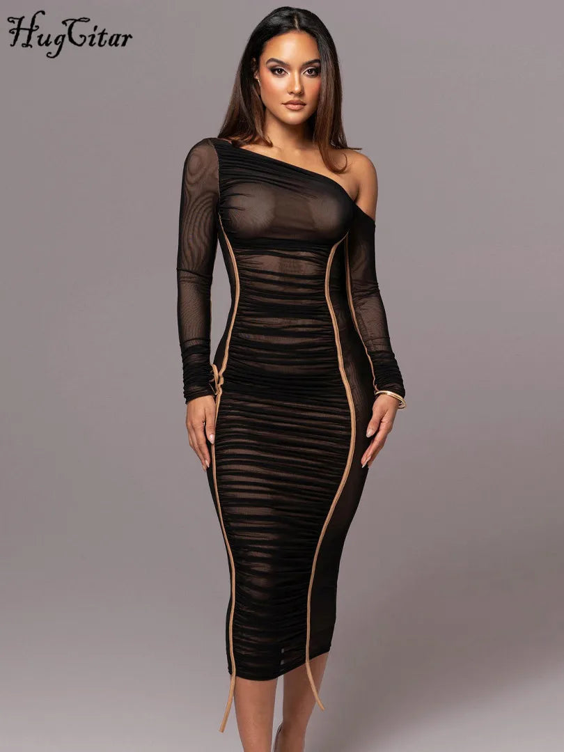 Hugcitar Mesh Solid Diagonal Collar Long Sleeve Draped Sexy See Through Bodycon Maxi Dress Summer Fashion Clothes Festival Club