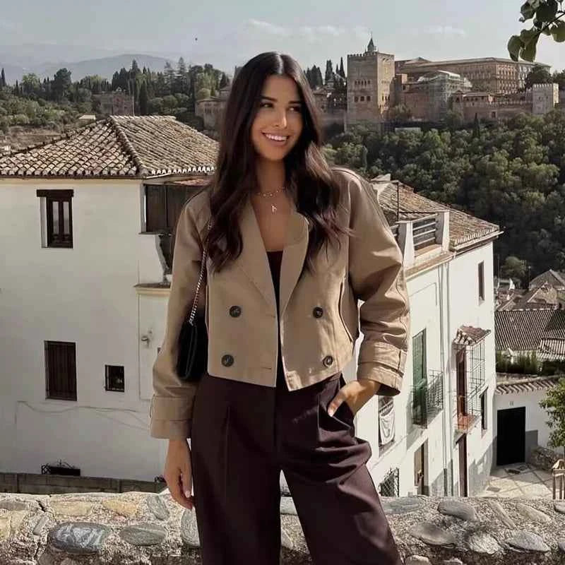 Women's Fashion Double Breasted Short Trench Coat Turn-down Collar Long Sleeve Coats Vintage Female Outerwear Chic Tops
