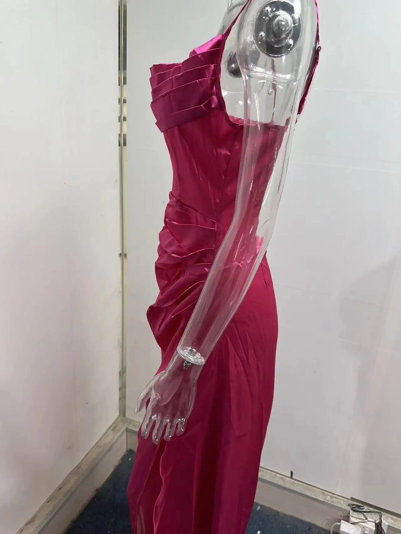 Women's Spring New Bra Shrink Pleated Split Satin Dress Sexy Slim Fit Wrap Hip Dress