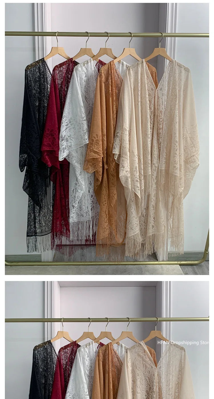 Women Sun Protection Shawl Lady Summer Hollow Out Lace Cardigan Holiday Bikini Blouse Breathable Beach Cape Sexy Long Tippet