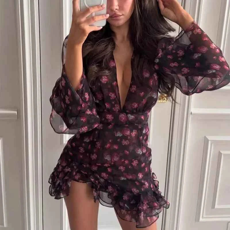 Elegant Floral Print Ruffle Mini Dress Women Sexy Mesh Chiffon Deep V-neck Slim Short Robe 2026 Summer New Lady Party Club Dress