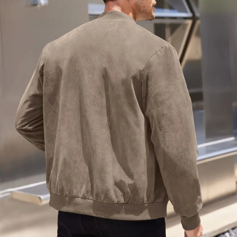 Men's Business Casual Suede Jacket Zipper Collar Warm Sporty Outerwear Polyester Fabric Long Sleeve round Hem Knitted Sleeve