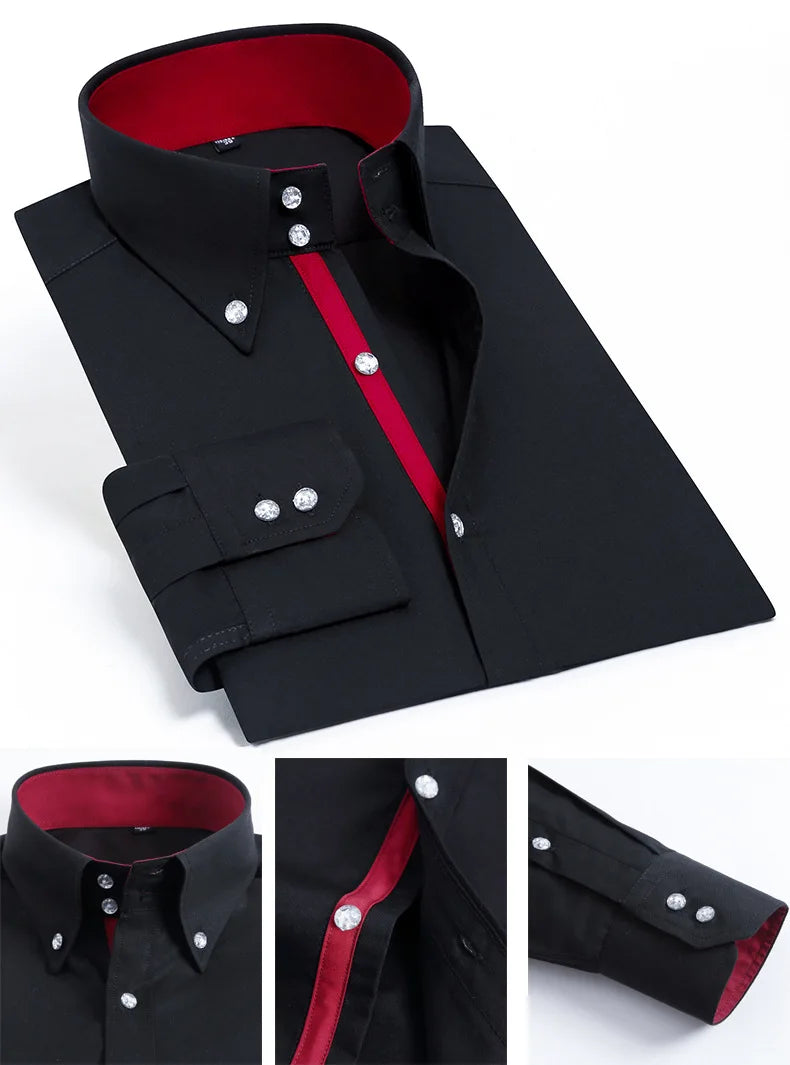 Men's Stretchy Long Sleeve Shirt Crystal Buttons Business Casual Slim Fit Dress Shirts for Men Trendy Traf Homme TS-928