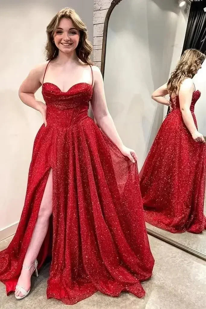 Spaghetti Straps Sleeveless Prom Dress for Women Long Shiny Tulle Formal Evening Party Gown with Slit Formal Dress Women Elegant