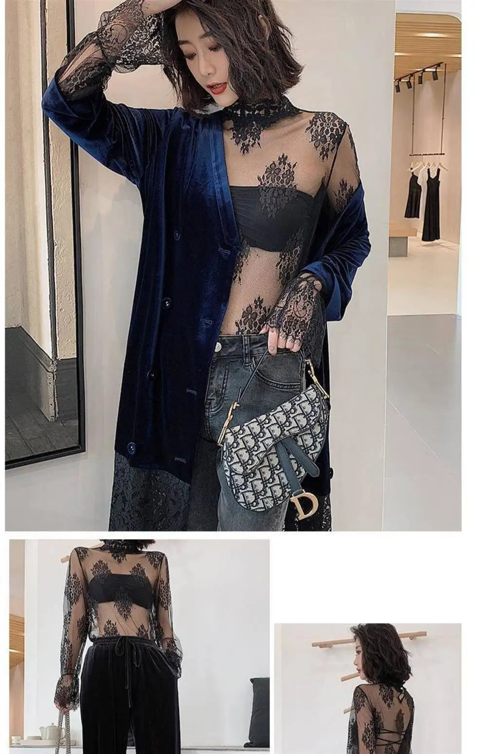 Sexy Lace Base Shirt Women's Mesh Inner Top Half High Collar Knitted Sweater Layerable Floral Lace Trim See through Design