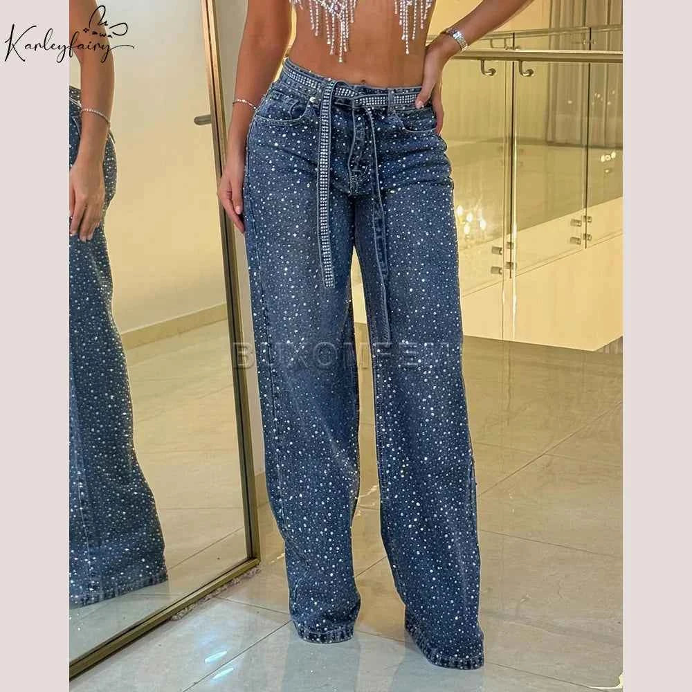 Women's Wide Leg Loose Jeans Drilled Straight Leg Pants 2025 Stylish Baggy Trousers Ladies Fashion Y2K Streetwear Outfit Bottoms