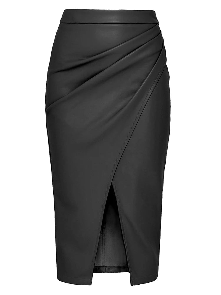 Women Midi Leather Skirt Sexy Split High Waist Zipper PU Front Slit Skirts Ladies Black Faux Leather Folded Skirt For Women