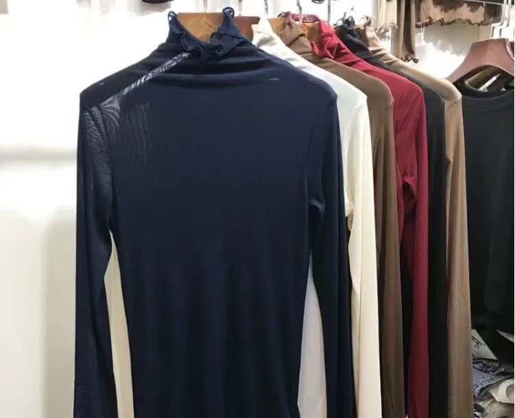 Women's Long Sleeve T-Shirt Lace  Mesh Base Shirt High Collar Pure Color Spring Autumn Fashion Breathable Comfortable Ski...