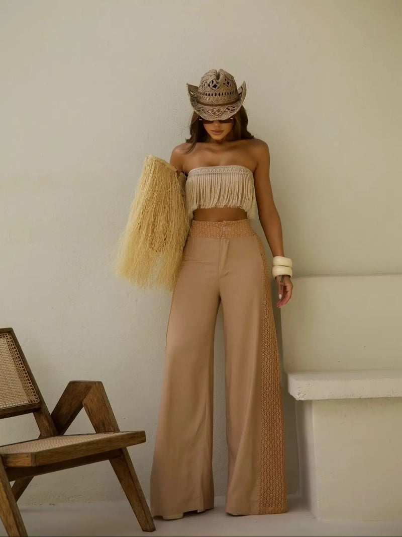 2025 New Sexy Tassel Two Piece Set With Pants Wide-Leg Pants Summer Women White Tube Top with Pants Suit Female