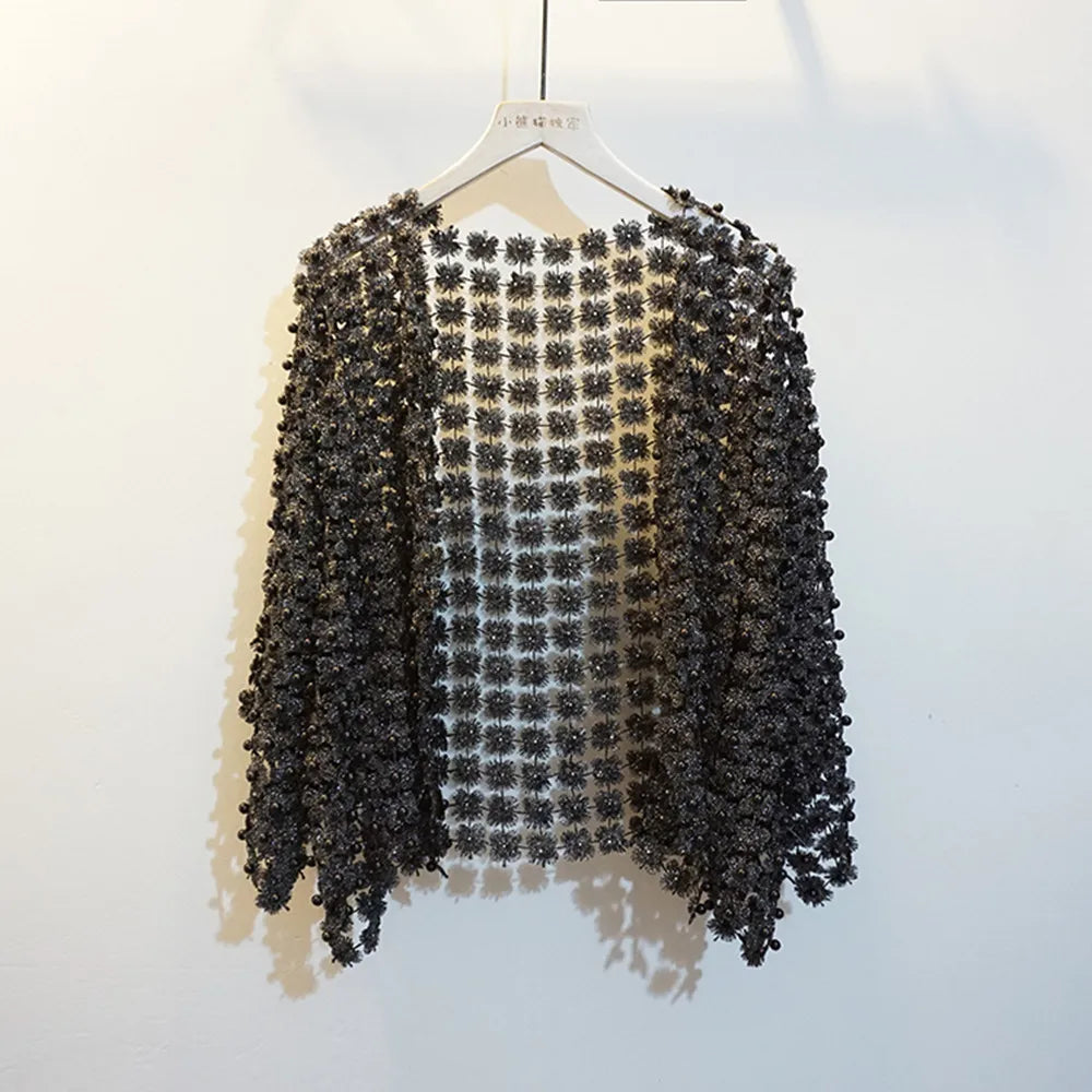 Women Beads Coat 2025 Summer Style Women Perspective Shawl Fashion Hollow Out Lace Boleros Short Sleeve Coats Jackets Femal