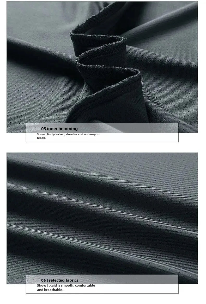 Camiseta masculina de manga curta, de seda gelada e secagem rápida, nova malha respirável, ajuste solto, gola redonda, camisa esportiva casual para o verão