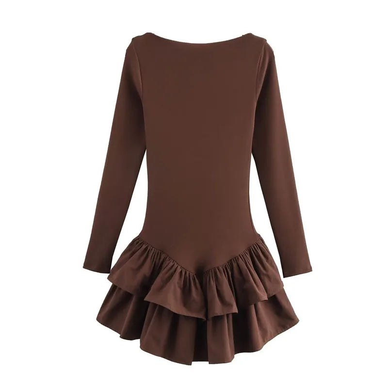 HXAO Womens Dresses Ruffled Corset Dress Summer 2025 Red Brown Black Dress O-Neck Long Sleeve Dresses Layered Party Vestidos 066