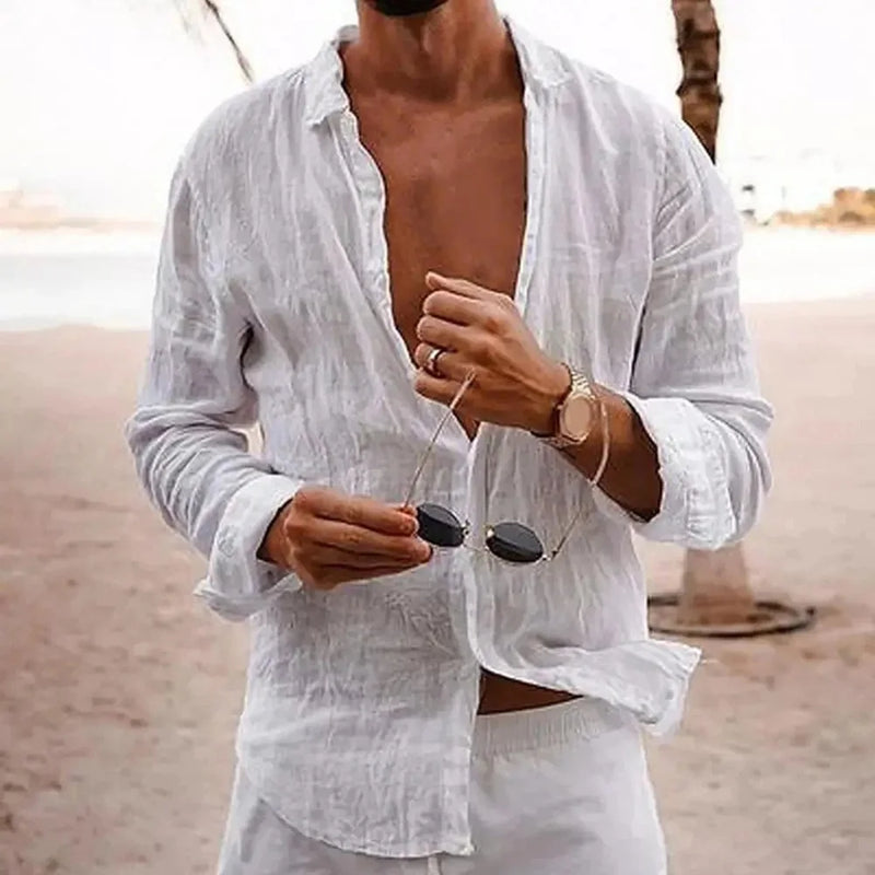 Camisa masculina de lapela simples, algodão, linho, respirável, manga comprida, fina, cor sólida, camisa casual