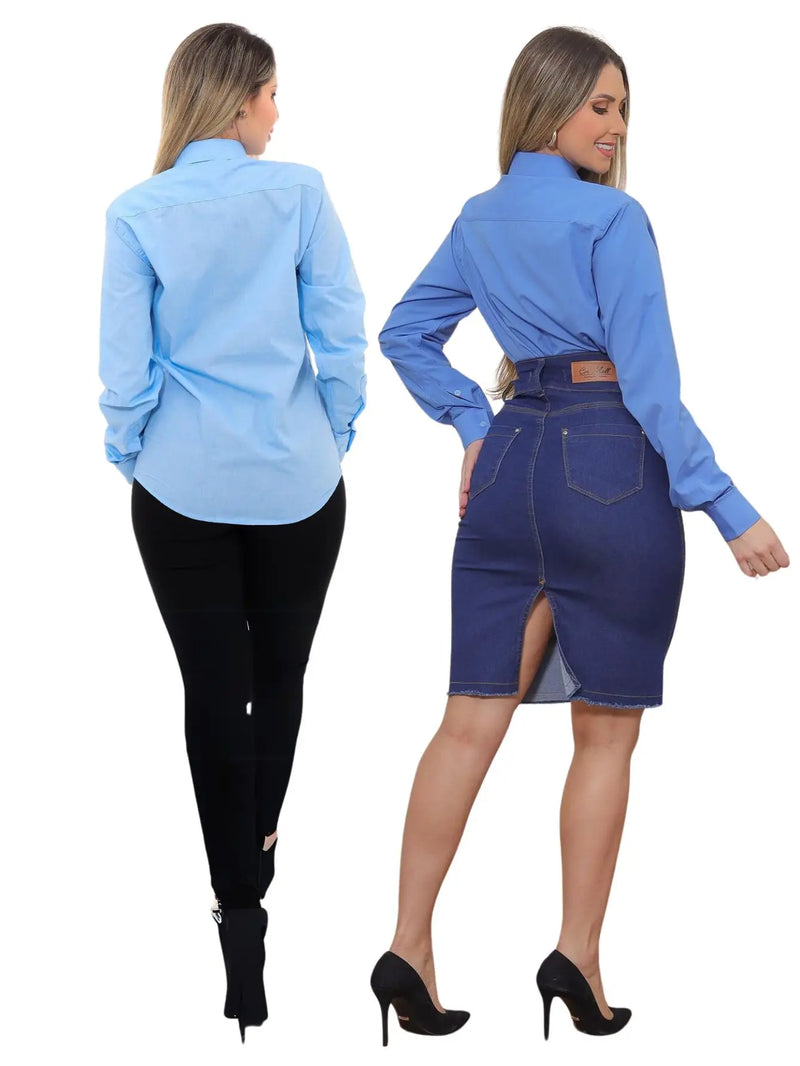 Women's KIT 2 Pieces-Premium Light Blue Linen Type Social Shirt and Slim Blue Social Shirt