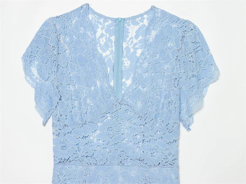 Women's Dress 2026 Summer New Solid Color Short Sleeve V-neck Lace Waistband Long Dress Elegant and Stylish Fashionable