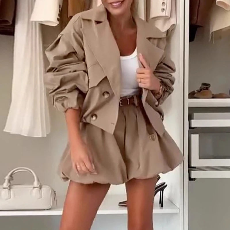 Vintage High Street Loose Women's Two Piece Casual Autumn Long Sleeved Jacket and Shorts Suit Fashion Outdoor Cargo Solid Outfit