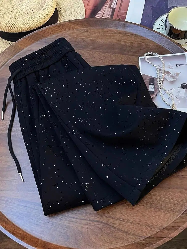 Shiny Ice Silk Wide Leg Pants Women Summer New High Waist Straight Casual Sports Long Trousers Children's Matching Pants