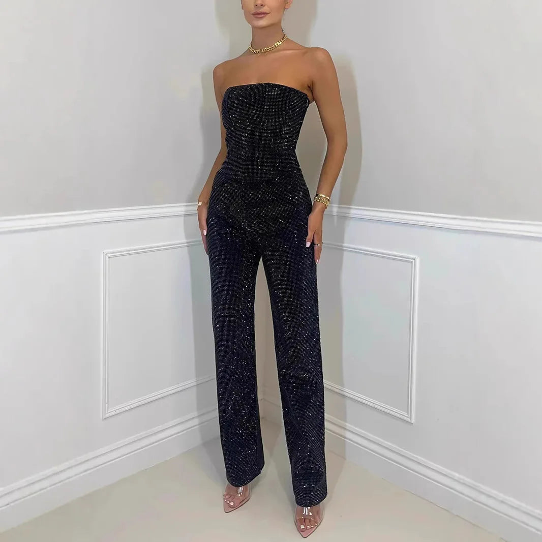 Shiny Two-Piece Suit Set for Women Sexy Shoulder-Baring Crop Top And Long Pants Glittering Rhinestones Fall Fashion Outfit