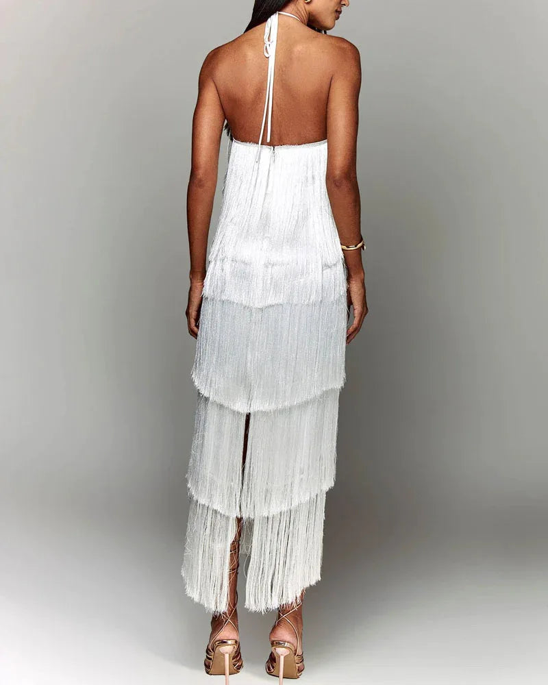 Fashion Neck Fringed Backless Slit Dress for Women
