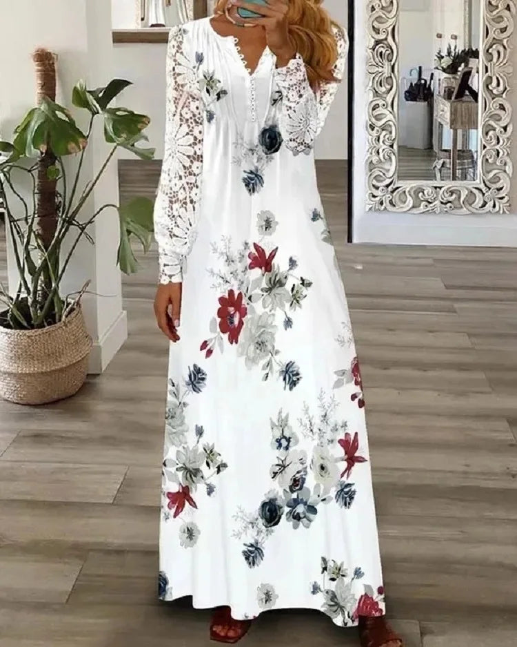 Spring Summer Women's New Fashionable Printed V-neck Sexy Lace Lace Patchwork Single Breasted Long Casual Comfortable Dress