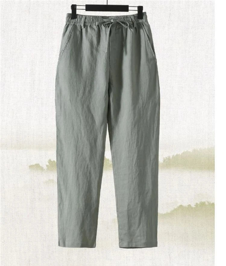 Solid Color Linen Pants Men's Loose Cotton Linen Casual 9 Points Pants Spring Summer Home Straight Soft Comfortable Trousers