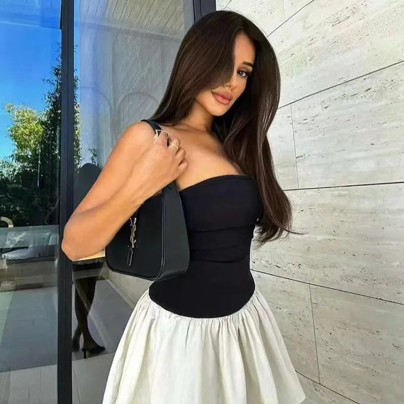 Slim Folds Tube Top Mini Dresses For Women Bodycon Backless Contrasting Colors Dresses Summer Sexy Off Shoulder Elegant Vestidos
