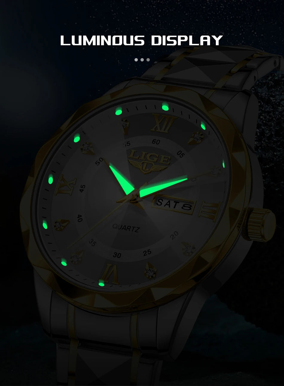 New LIGE Top Brand Luxury Man Wristwatch Waterproof Luminous Date Week Men Watches Stainless Steel Quartz Men's Watch Male reloj
