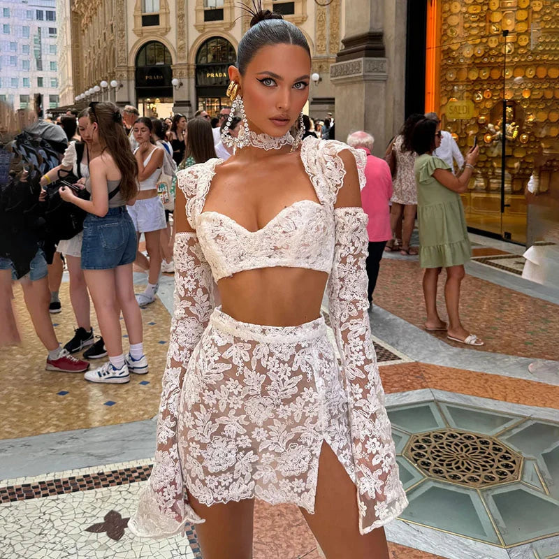 Lace Mini Skirt Set Women Hollow Out Cold Shoulder Crop Top Side Split Skirts Suit Female Summer Holiday Sexy Sets Lady Beach
