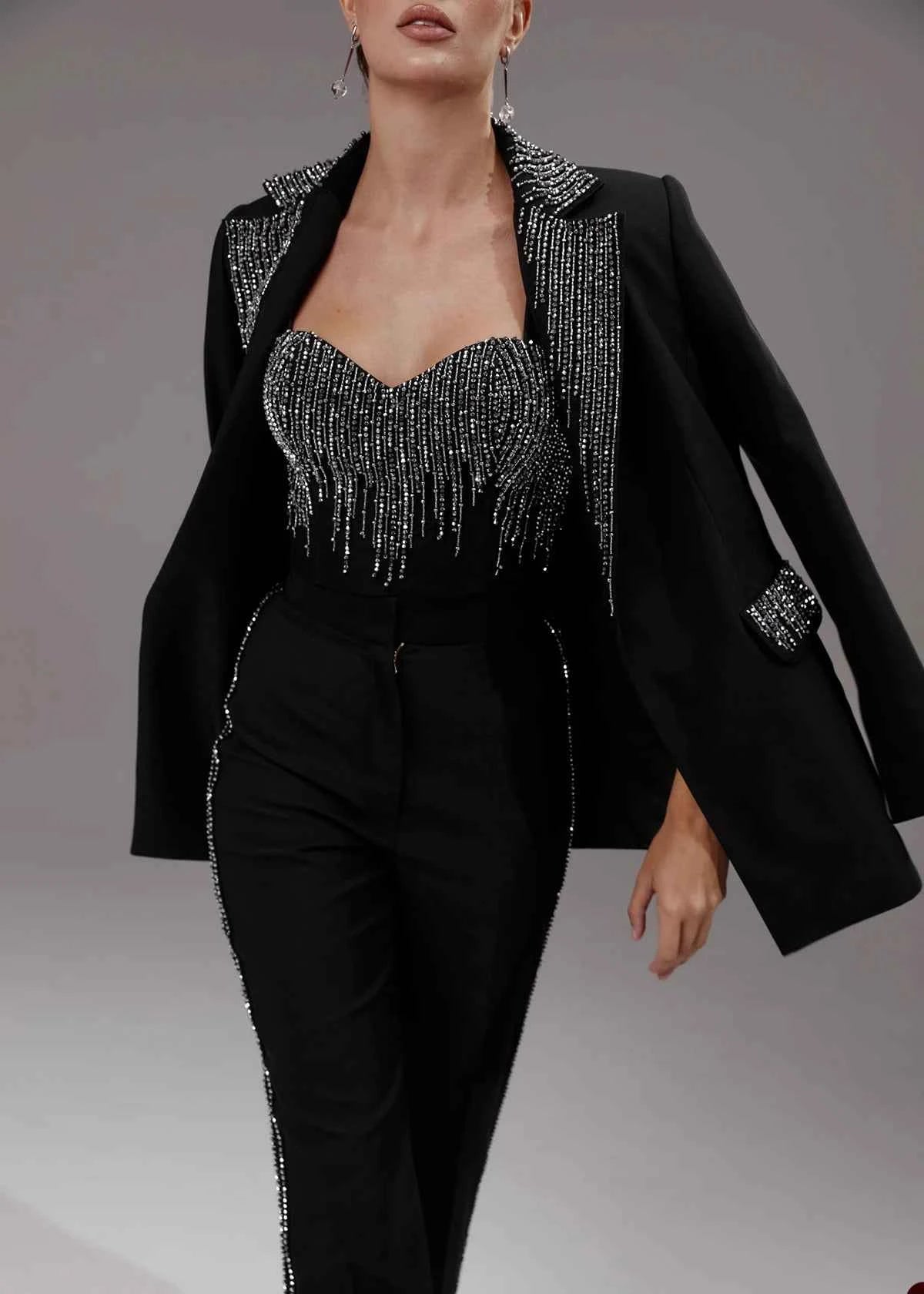 Customize Black Sequins Women Pants Suits Slim Fit Girls Blazer Set 3 Pieces Custom Made Jacket For Lady Party Prom Wedding Wear