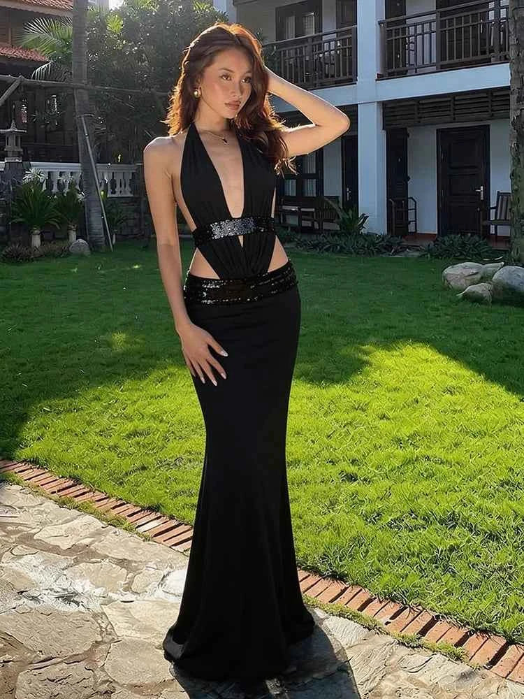Kliou Sequin Patchwork 2 Piece Set Woman Halter Low-Neck Backless Skinny Bodysuits+Elastic Waist Long Skirts Elegant Outfits