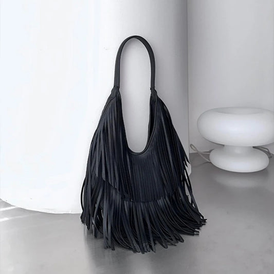 Bolsa Feminina de Ombro em Couro PU com Franjas