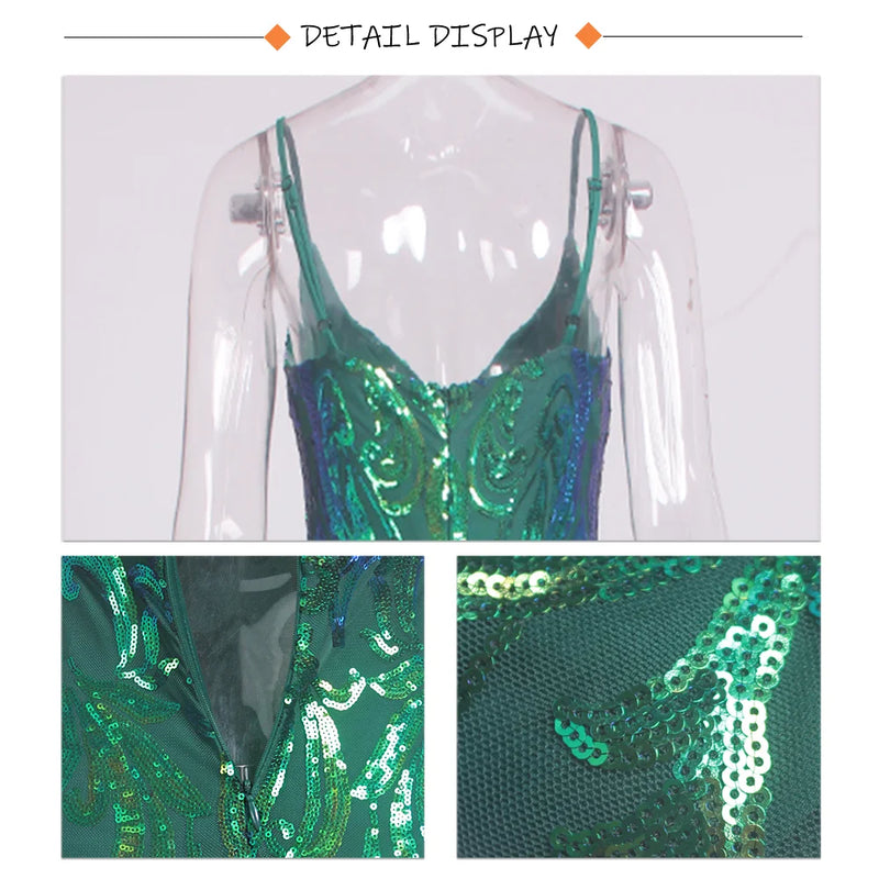 Romagic Deep V Neck Sleeveless Green Cocktail Prom Dress Spaghetti Strap Sequin Luxury Evening Party Women Long Mermaid Dresses