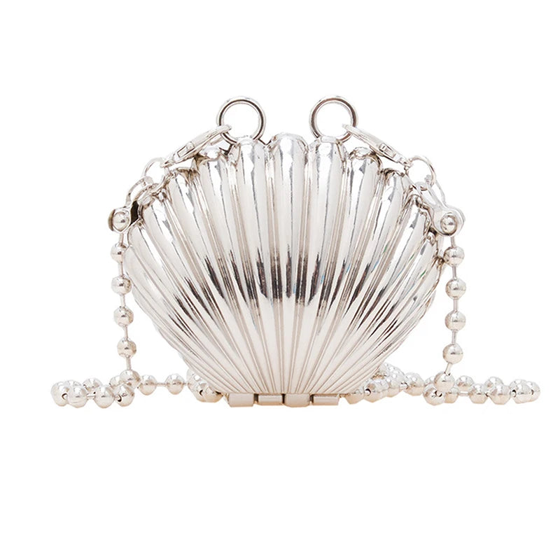 Metal Shell Bag Mini Lipstick Bag Pearl Chain Crossbody Bag Shoulder Bag Handbag Purse Waist Bag Women Makeup Jewelry Bag