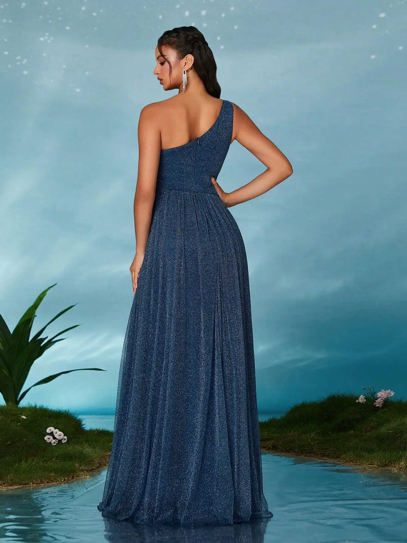 Vestido um ombro assimétrico pregas no peito cintura fenda vazada Um balanço malha saia longa Vestido de noite Vestido de baile