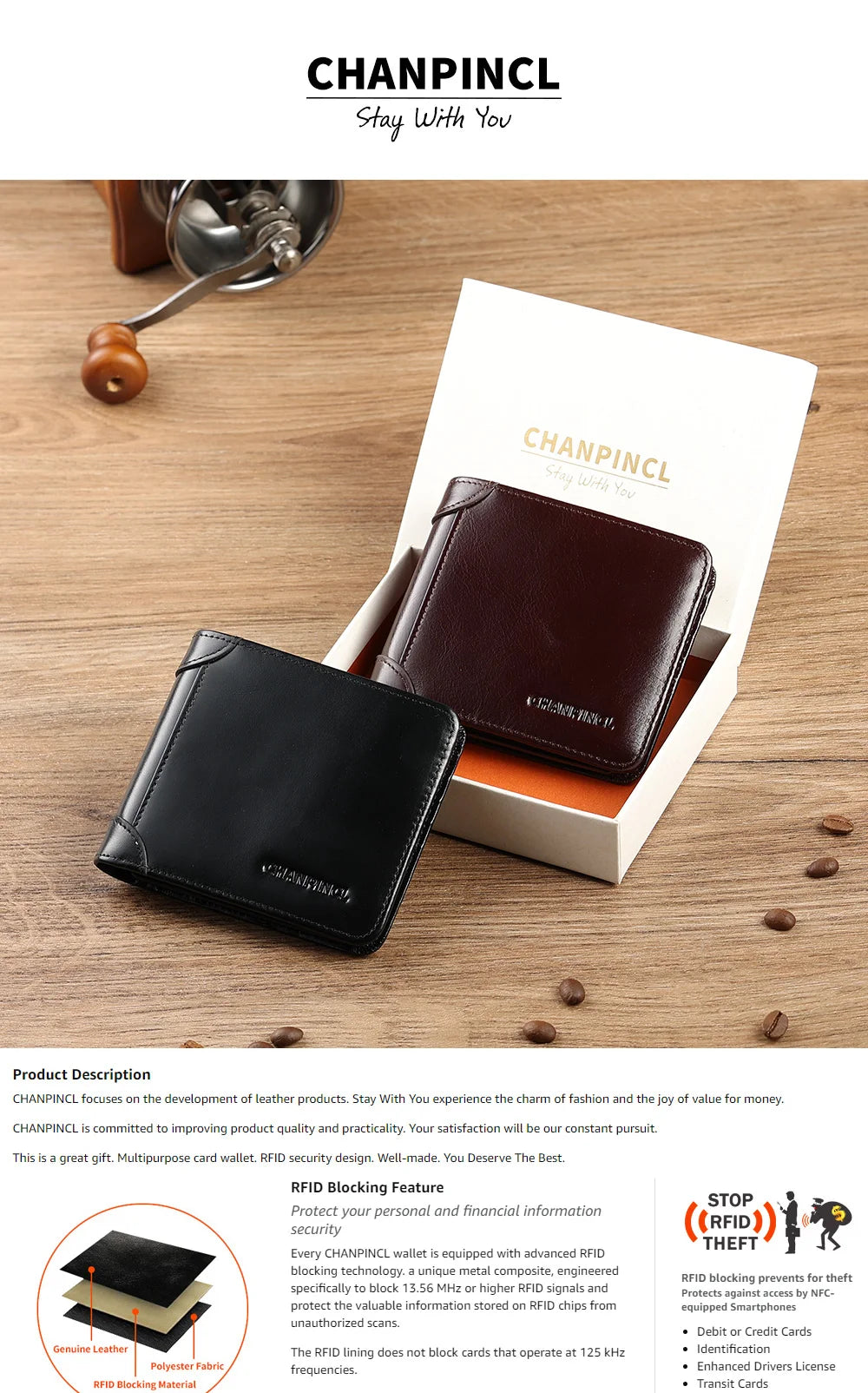CHANPINCL Men's Italian Top-Grain Cow Leather Short Tri-Fold Wallet – RFID Blocking & Gift Box