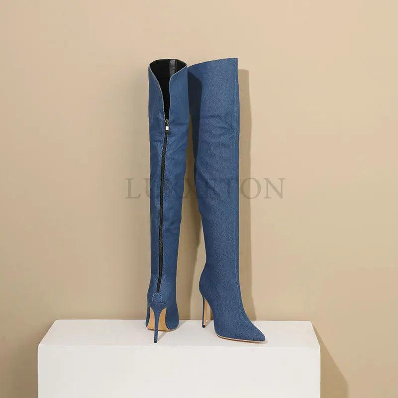 Sexy Stiletto Denim High Heels Over The Knee Boots for Women Spring Autumn High Heeled Thigh Heig Long Boots Ladies - CRAVO ROSE