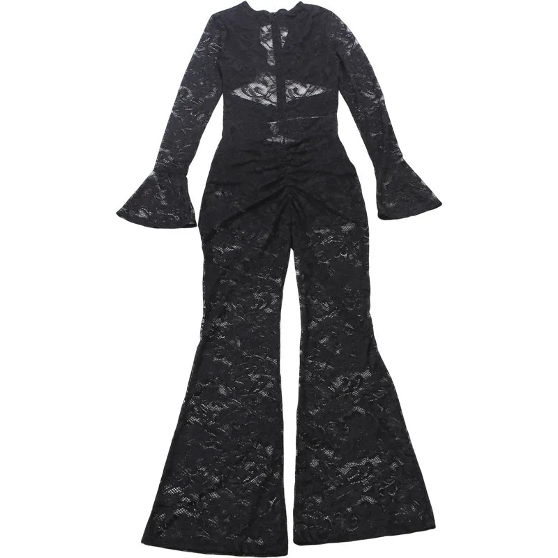 Sexy Hollow out Micro Flared Jumpsuit Long Pants  Lace Shirt Thickened Winter Collection for Elderly Women