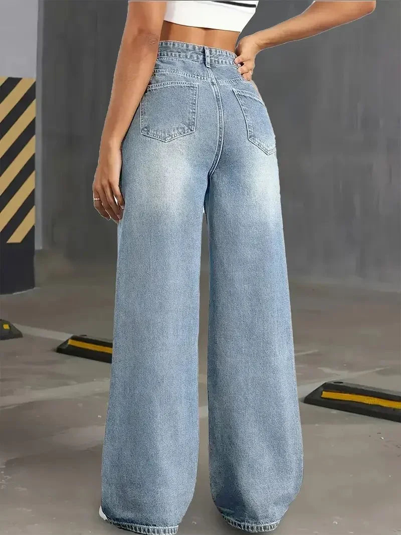 Classic Blue Y2K Jeans for Women Straight Leg Stretchy Denim Trousers Simple Design Retro Style Elastic Waist