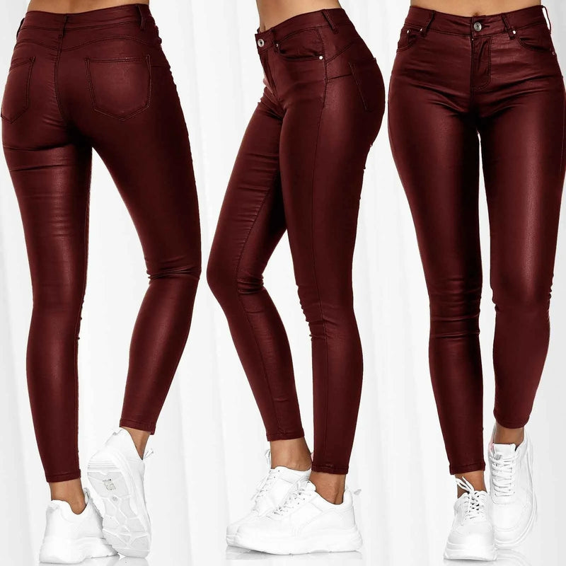 Calças de couro sintético, leggings femininas casuais elásticas e sensuais, couro sintético sólido, calças lápis justas