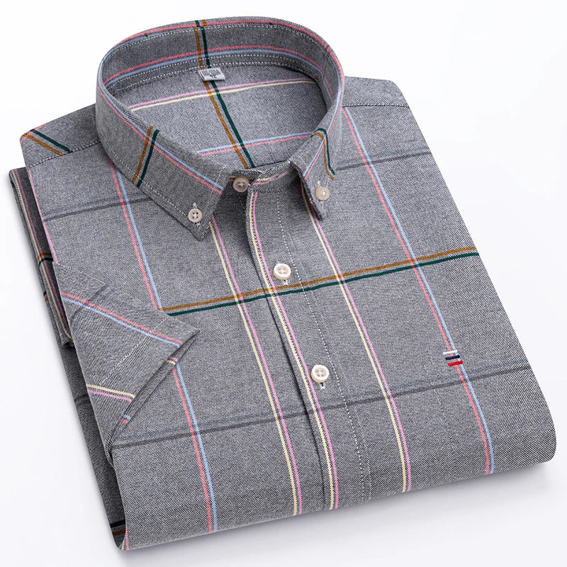 Men's Pure Cotton Oxford Short Sleeve Summer Casual Shirts Comfortable Standard-fit Button-down Plaid Solid Color Cotton Shirt