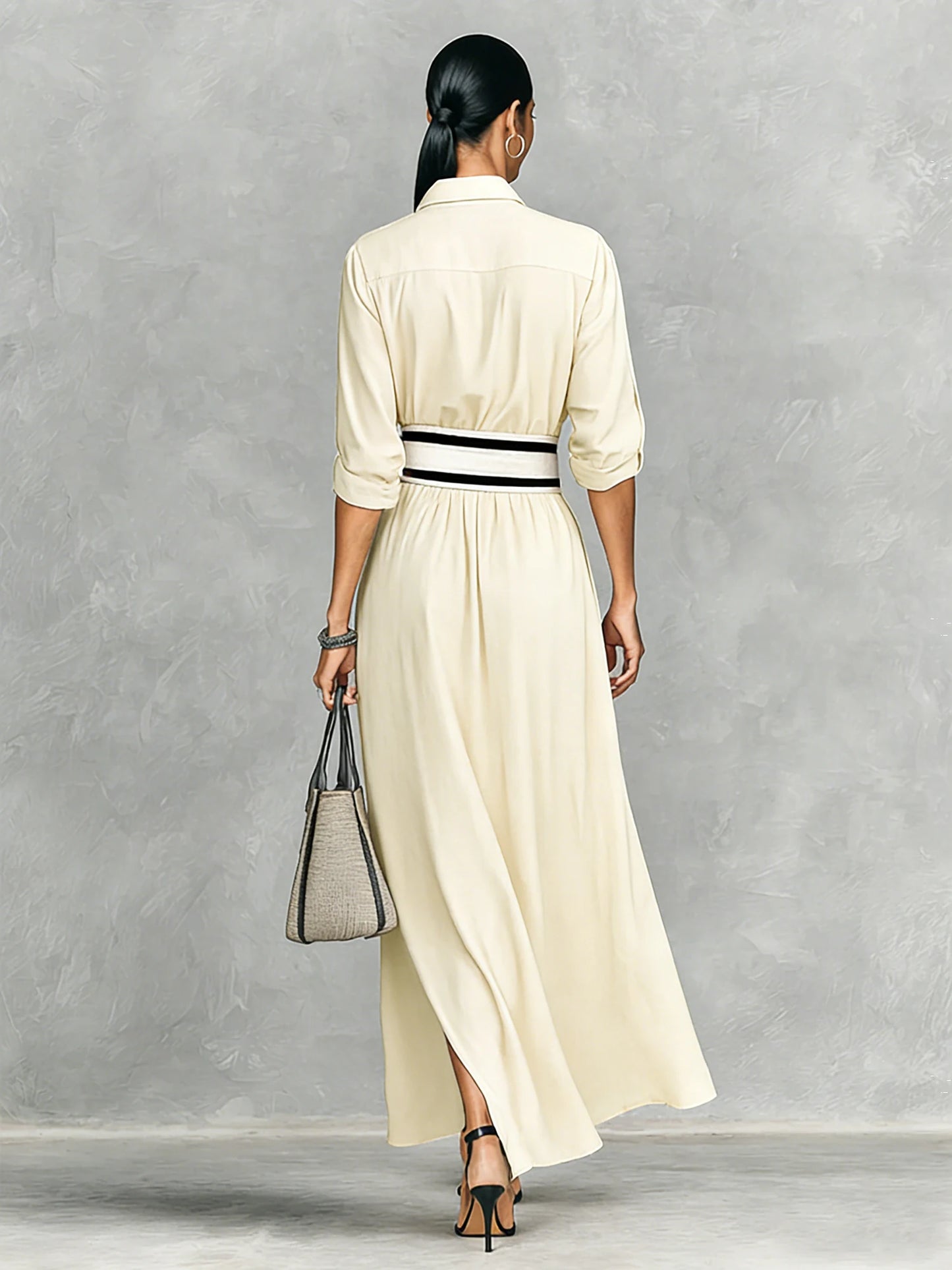 Women's Shirt Maxi Dress with Wide Striped Belt | Roll-Up Sleeve High Slit Elegant Casual Formal Outfit