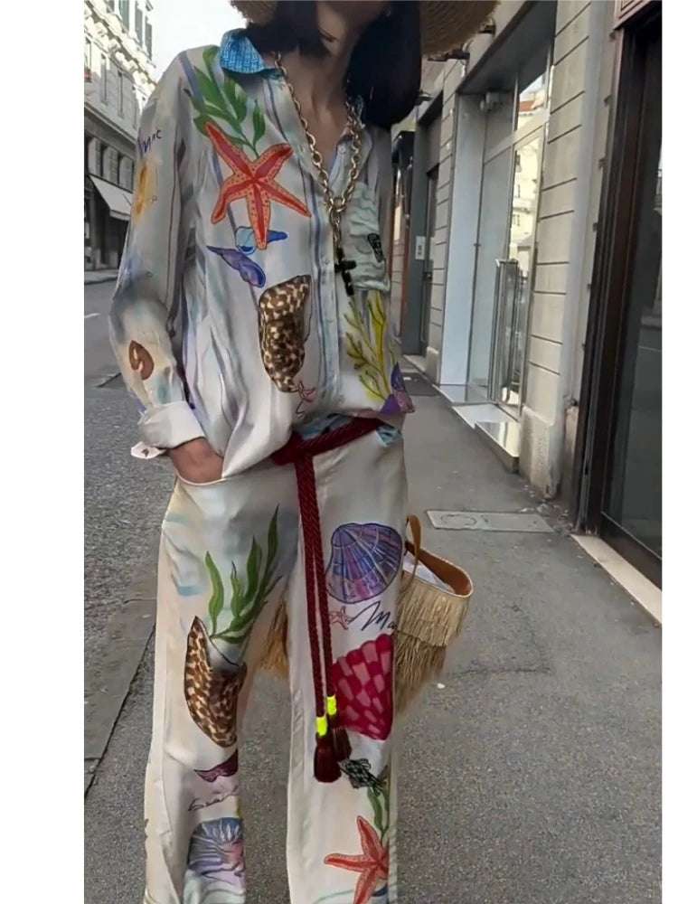 Bohemia Satin Print Loose Pants Sets Women Causal Long Sleeve Shirts Two Piece Sets Female Beach Summer Outfits Streetwear