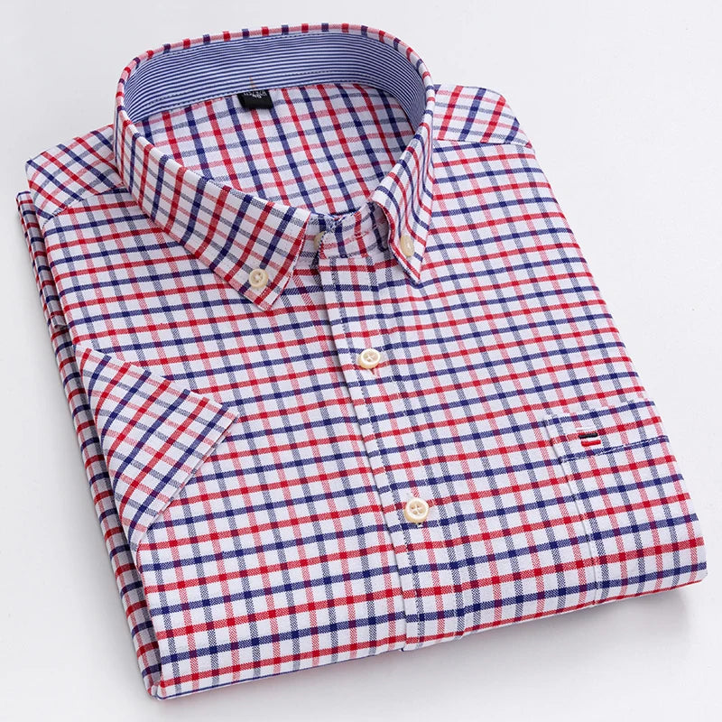 Men's Pure Cotton Oxford Short Sleeve Summer Casual Shirts Comfortable Standard-fit Button-down Plaid Solid Color Cotton Shirt